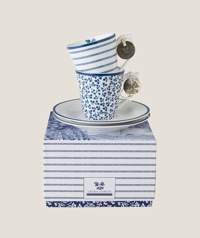 Laura Ashley 2-set Espresso kopp med fat - Floris & Candy stripe i presentbox