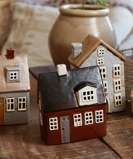 Hus för värmeljus i keramik brun