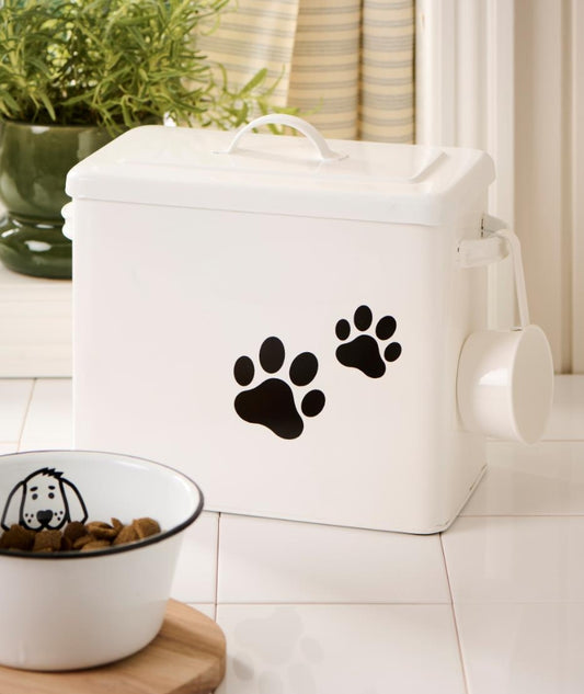 Plåt burk med lock med tassmotiv Vit, skopa ingår